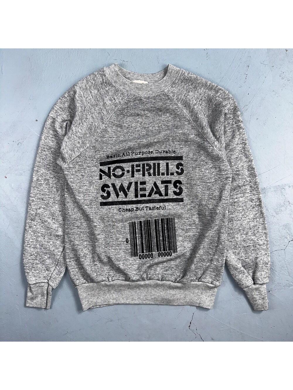 No Frills Sweat Sweatshirt 80s VTG Crewneck Gym Gray Barcode Raglan Jumper 1980s
